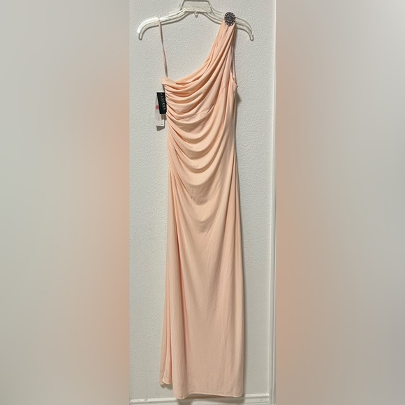 Lauren Ralph Lauren Floor Length One Shoulder Silhouette Peach Evening Dress - Picture 13 of 15
